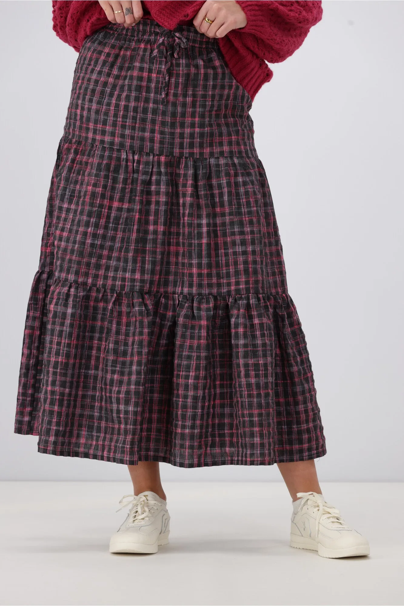 Shine On Label Roxie Tiered Maxi Skirt Black Pink Check