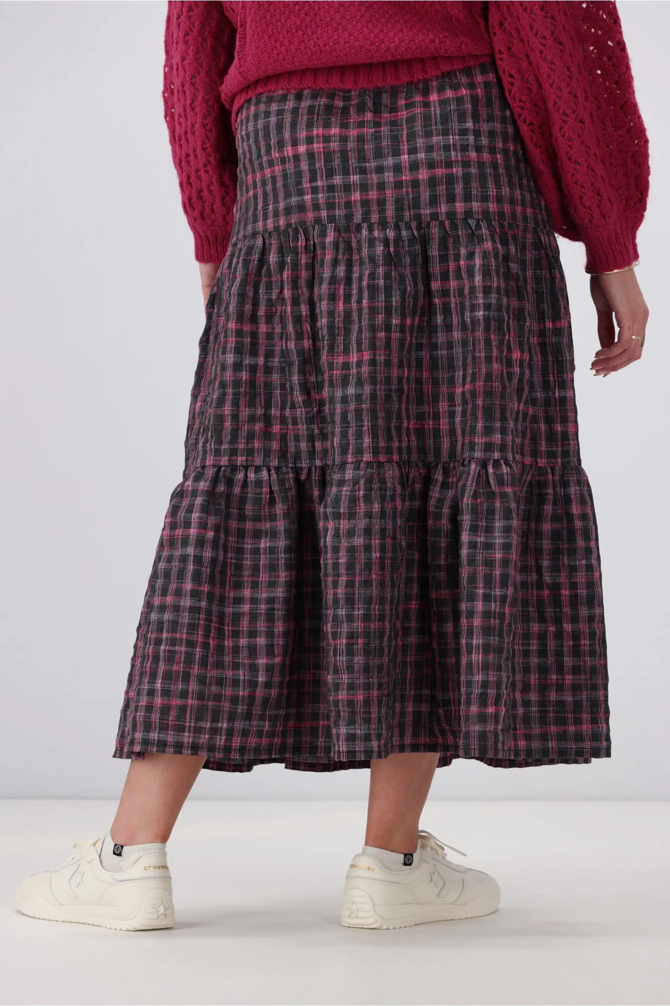 Shine On Label Roxie Tiered Maxi Skirt Black Pink Check
