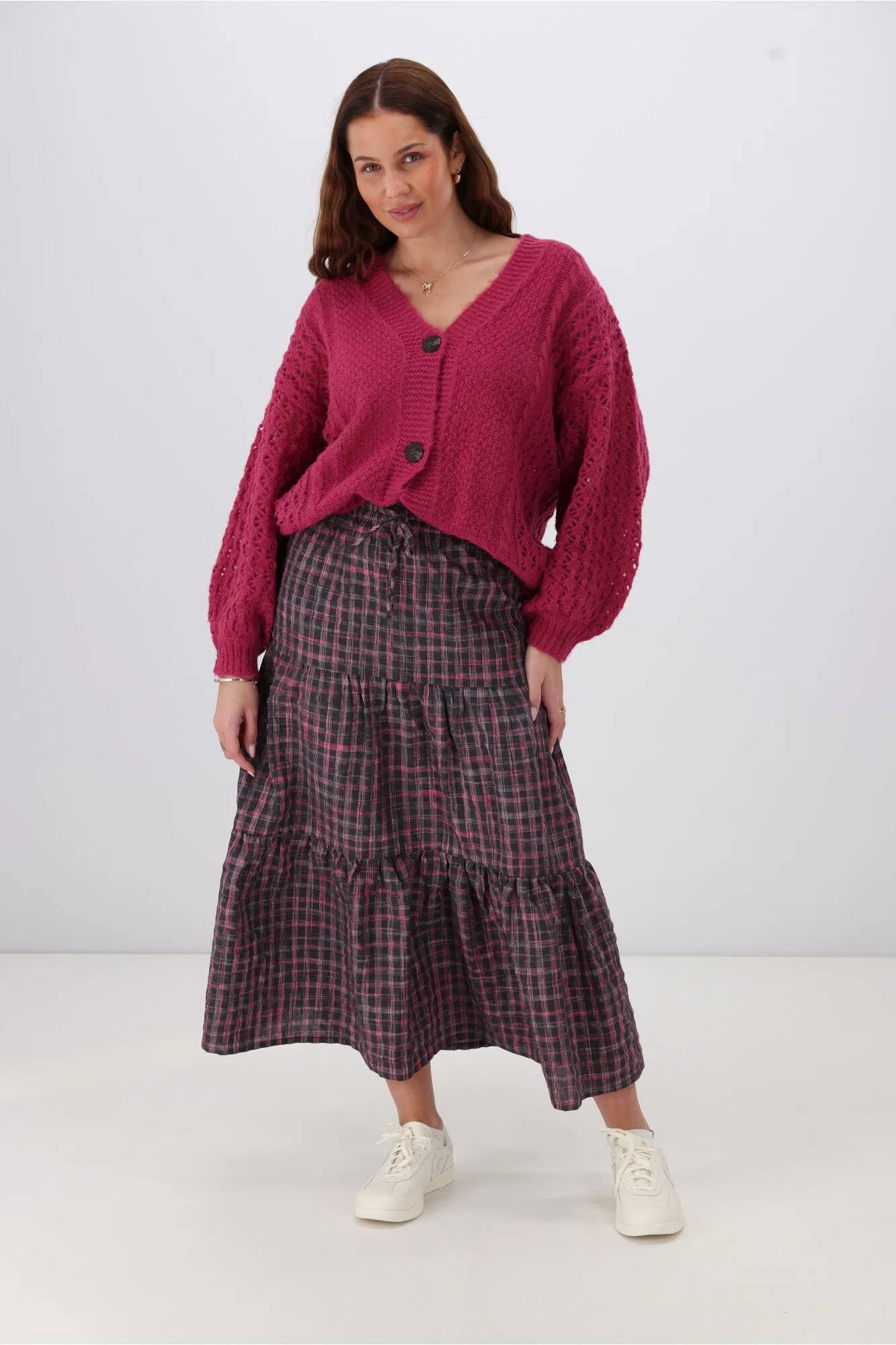 Shine On Label Roxie Tiered Maxi Skirt Black Pink Check
