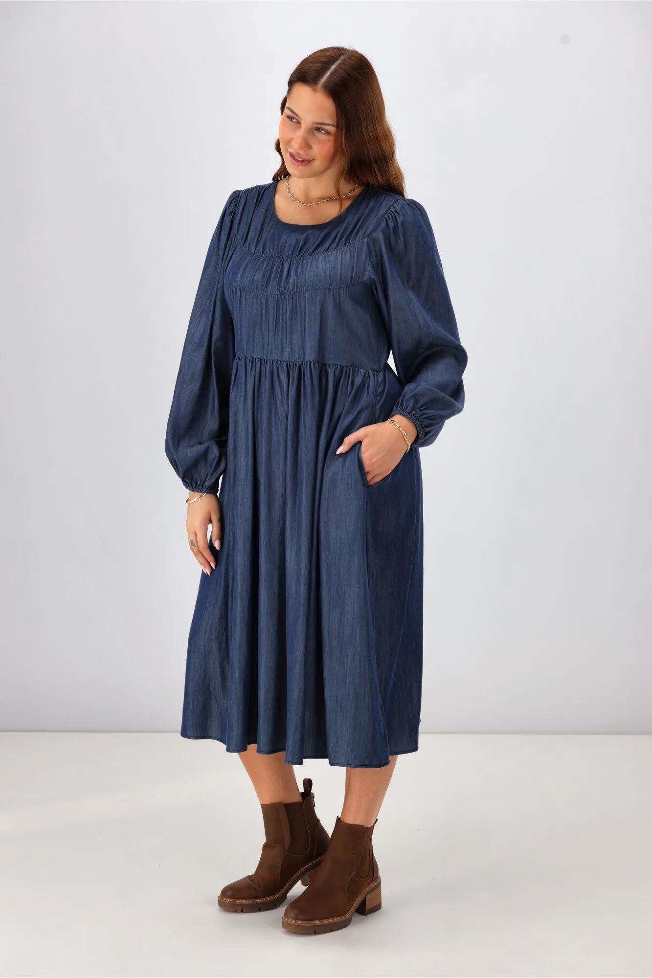 Shine On Label Simi Shirred Detail Chambray Dress Indigo