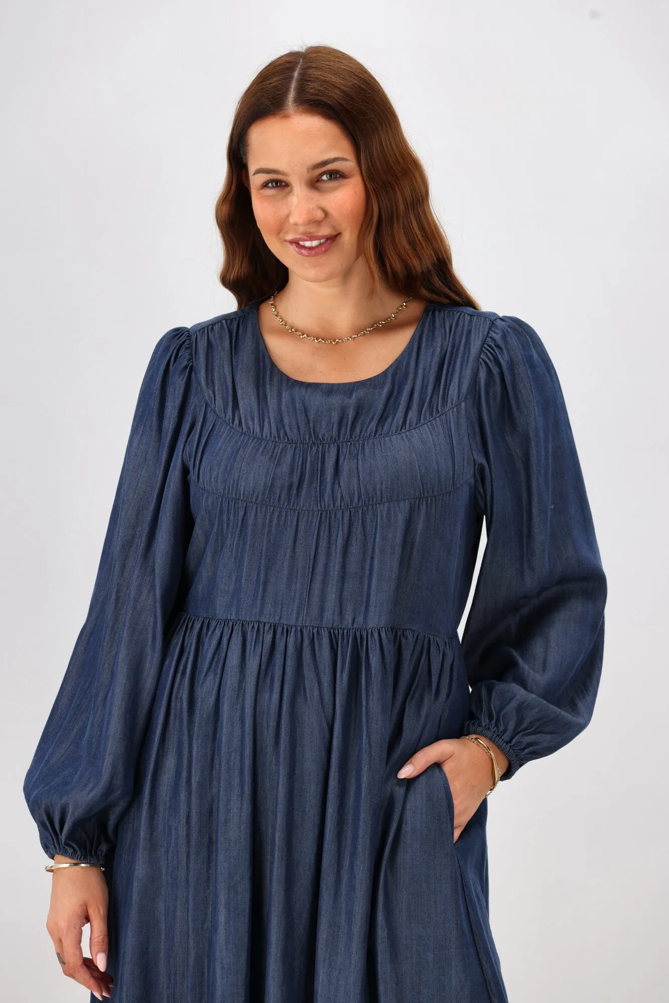 Shine On Label Simi Shirred Detail Chambray Dress Indigo