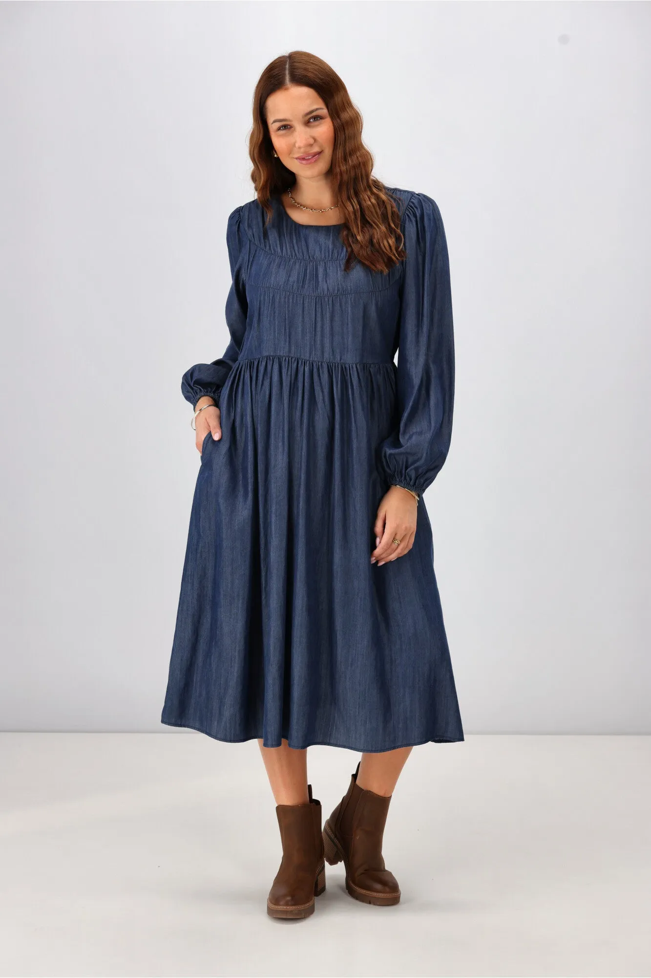Shine On Label Simi Shirred Detail Chambray Dress Indigo