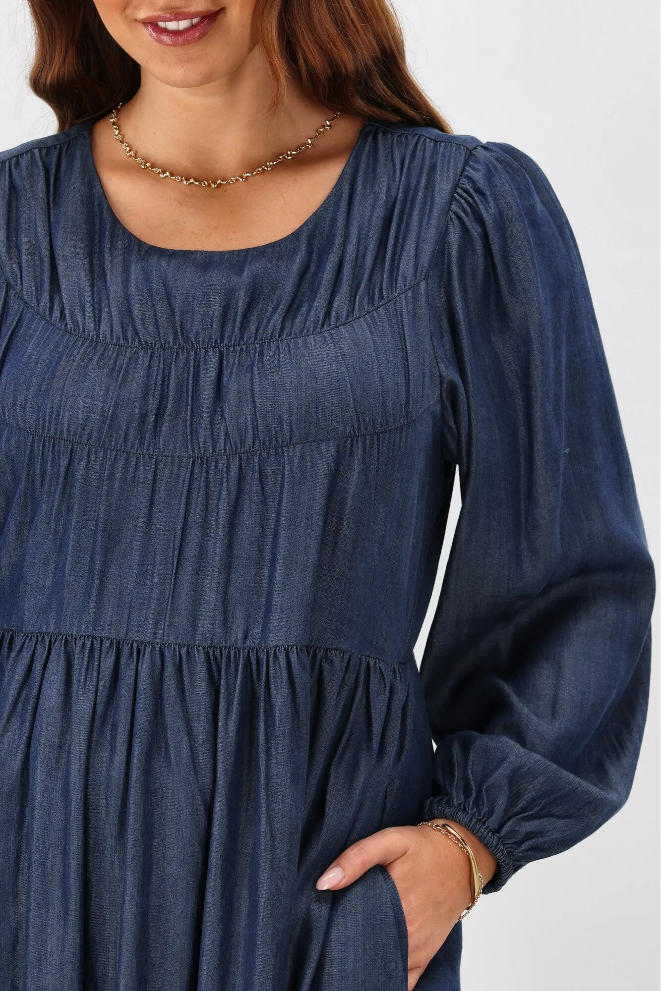 Shine On Label Simi Shirred Detail Chambray Dress Indigo