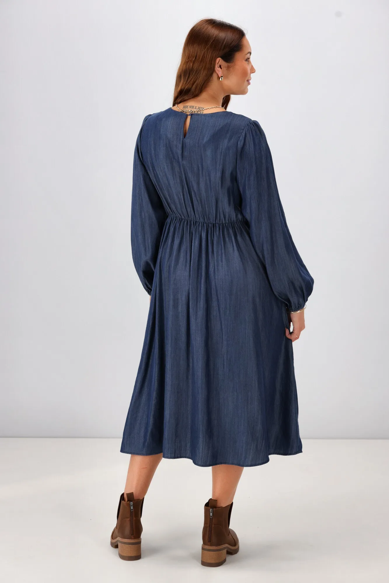 Shine On Label Simi Shirred Detail Chambray Dress Indigo