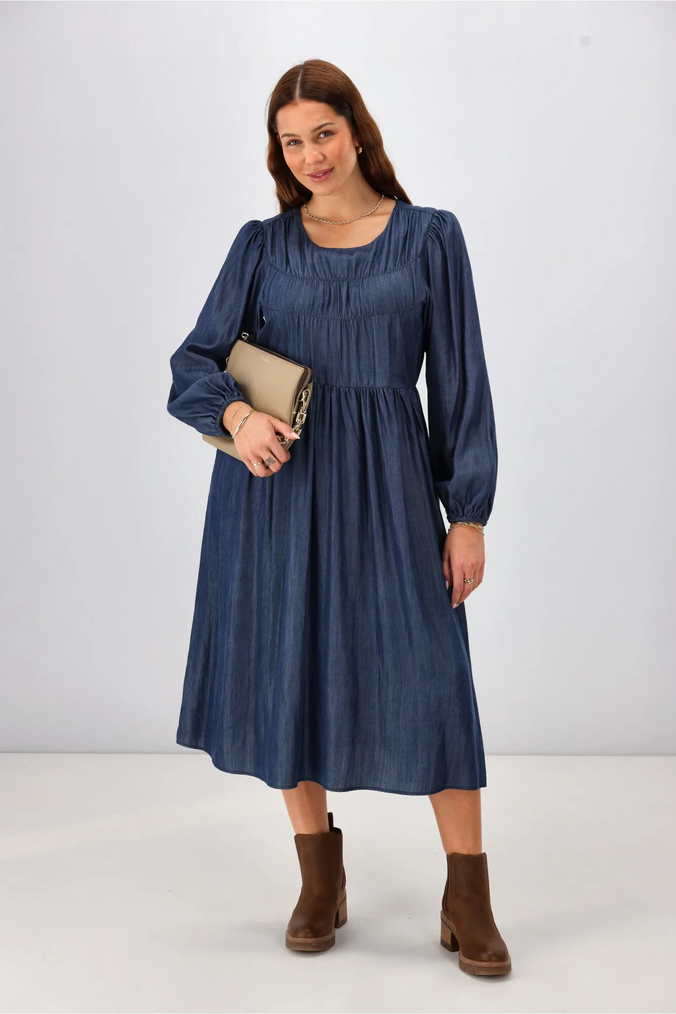 Shine On Label Simi Shirred Detail Chambray Dress Indigo