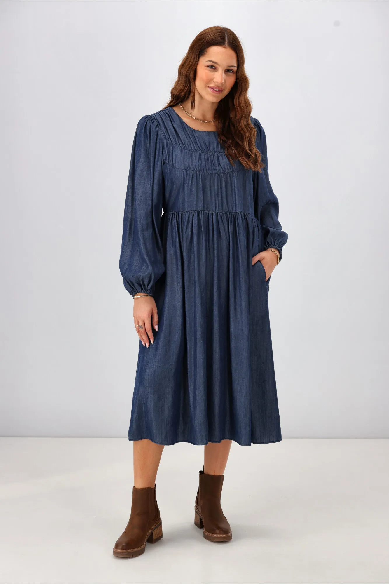 Shine On Label Simi Shirred Detail Chambray Dress Indigo