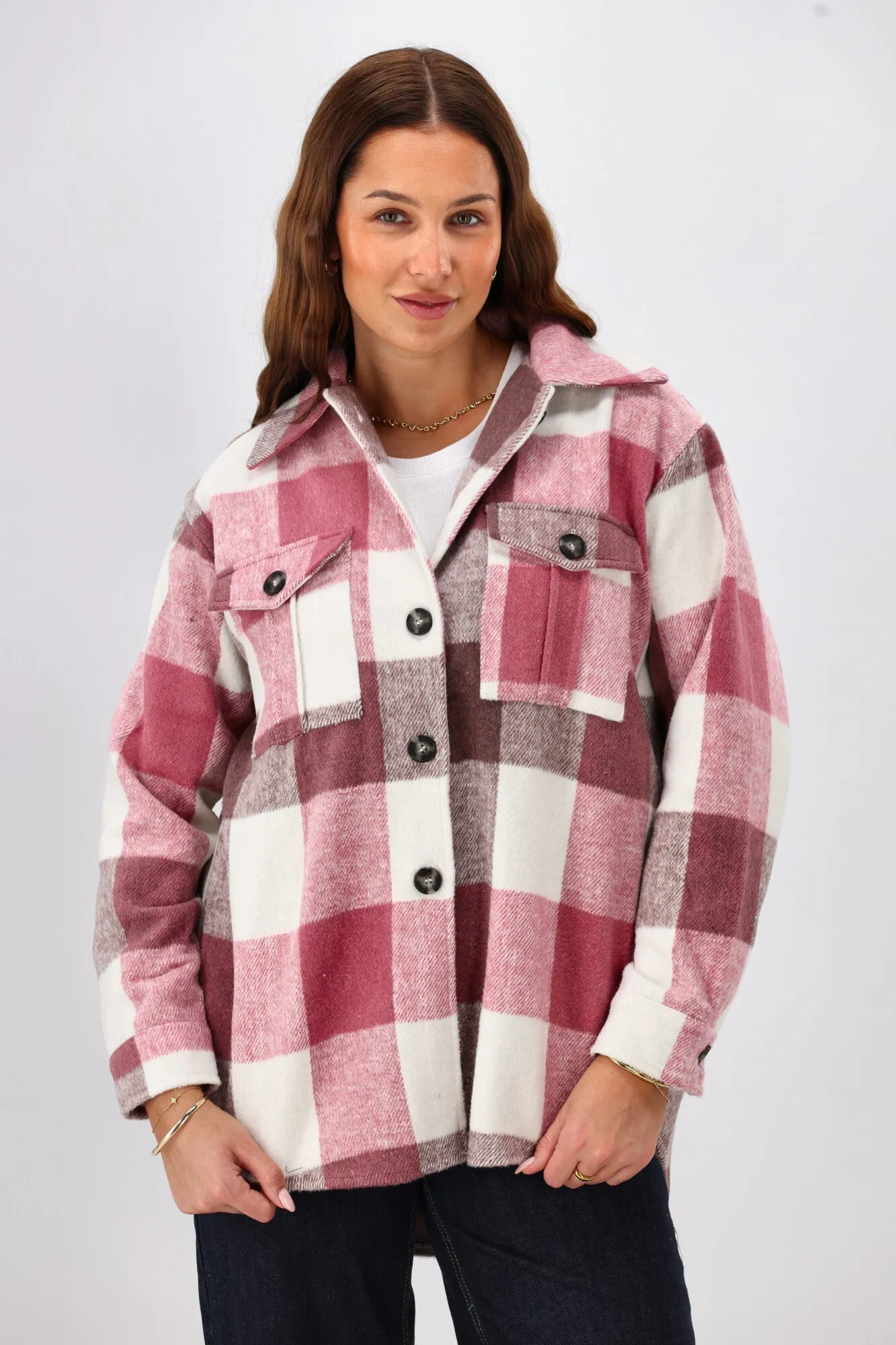 Shine On Label Treyton Checked Shacket Raspberry