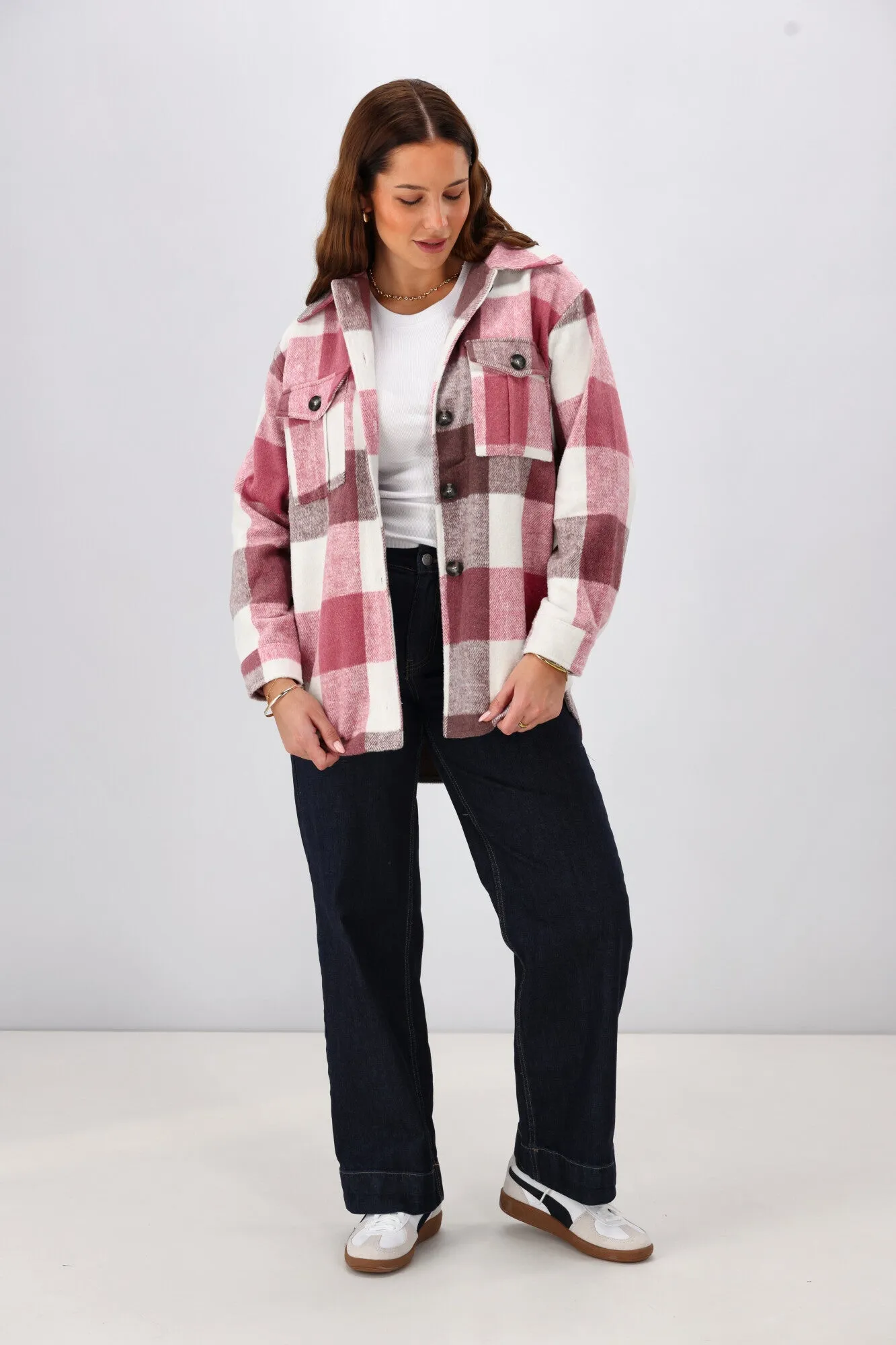 Shine On Label Treyton Checked Shacket Raspberry