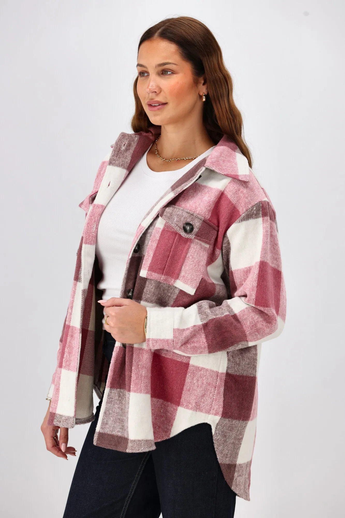 Shine On Label Treyton Checked Shacket Raspberry