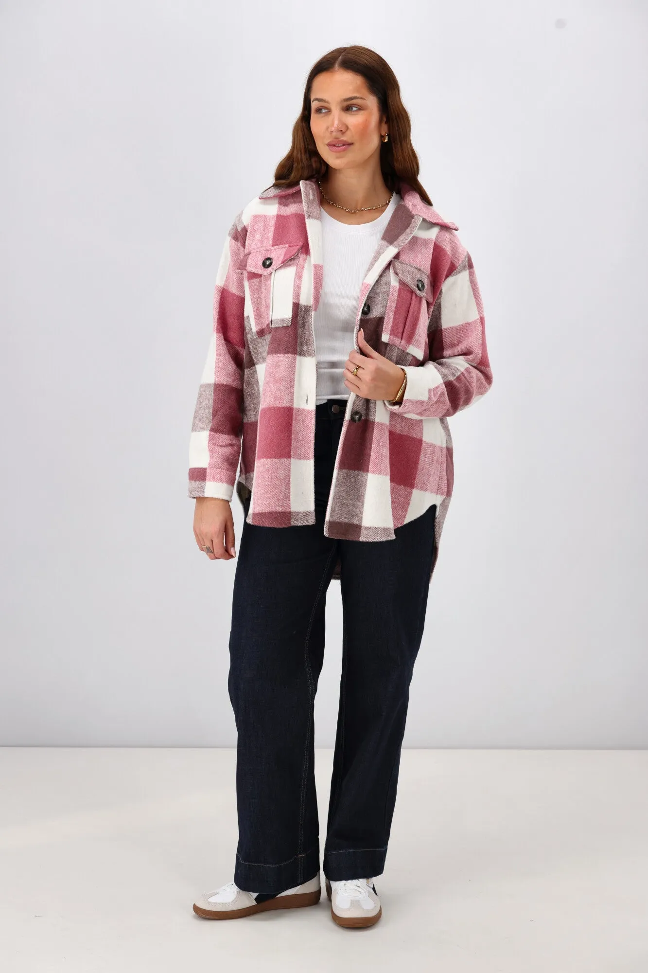 Shine On Label Treyton Checked Shacket Raspberry