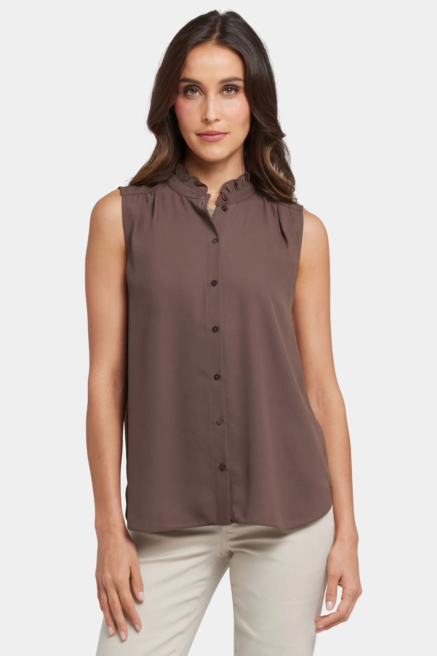 Sleeveless Ruffle Neck Blouse - Coffee Bean