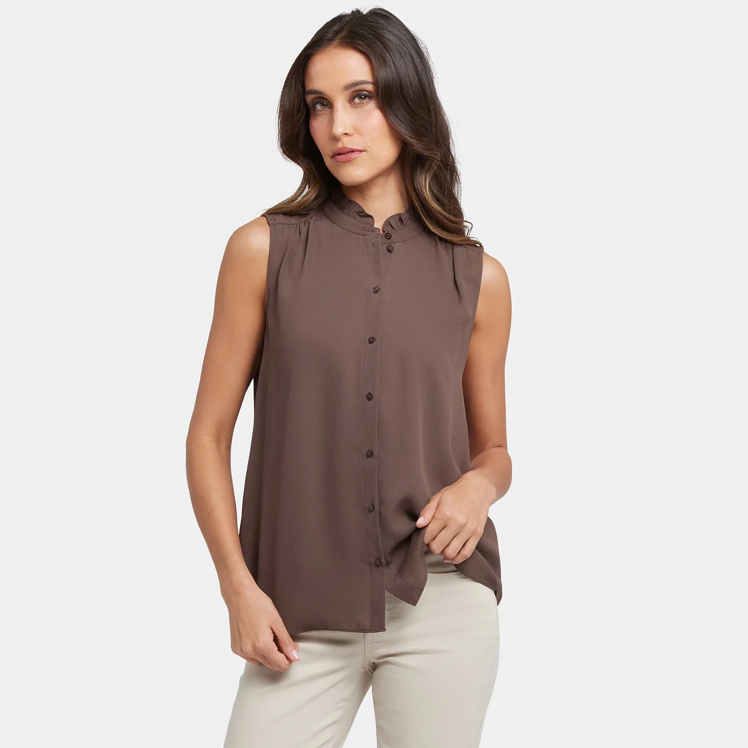 Sleeveless Ruffle Neck Blouse - Coffee Bean