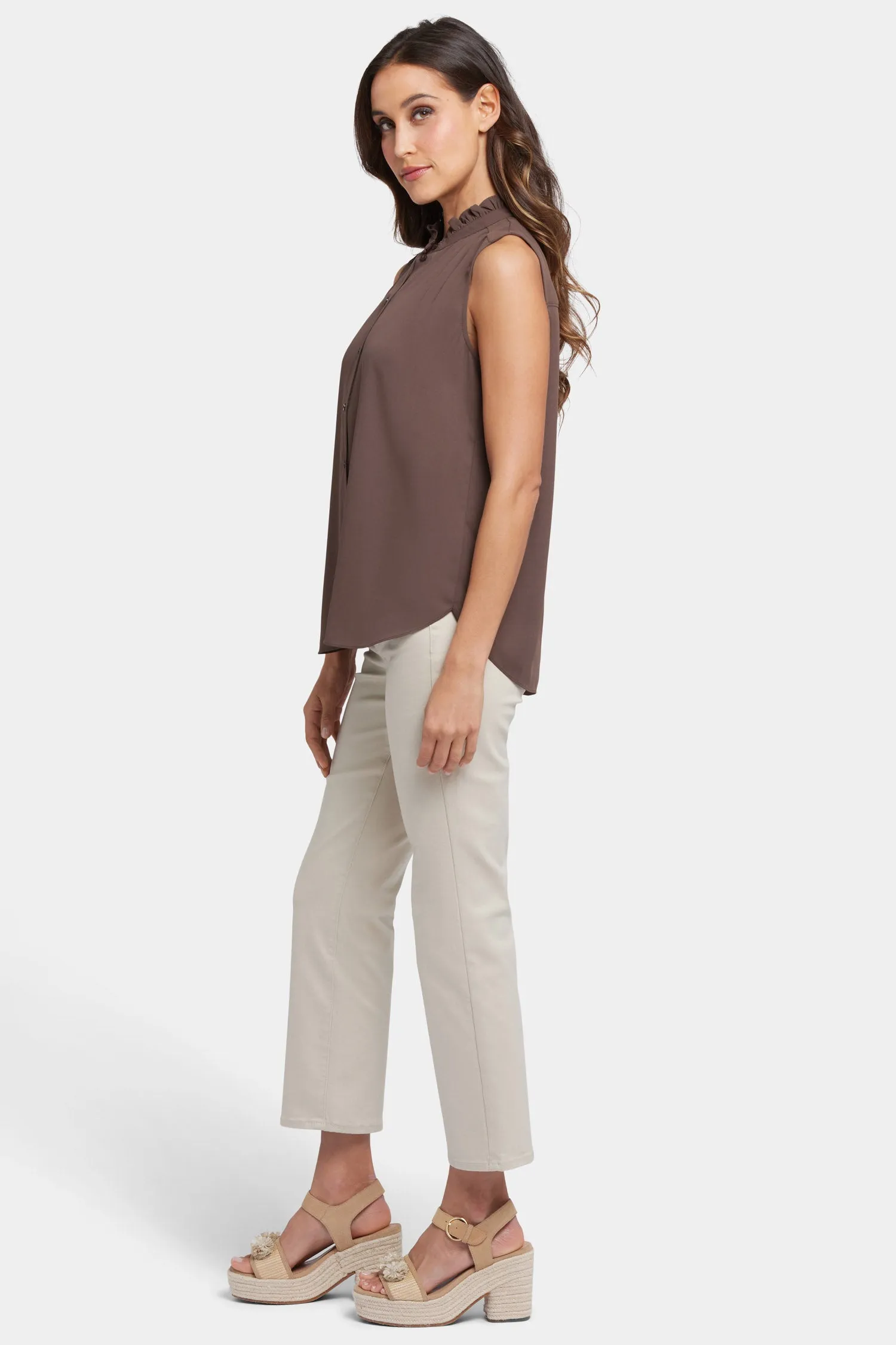 Sleeveless Ruffle Neck Blouse - Coffee Bean