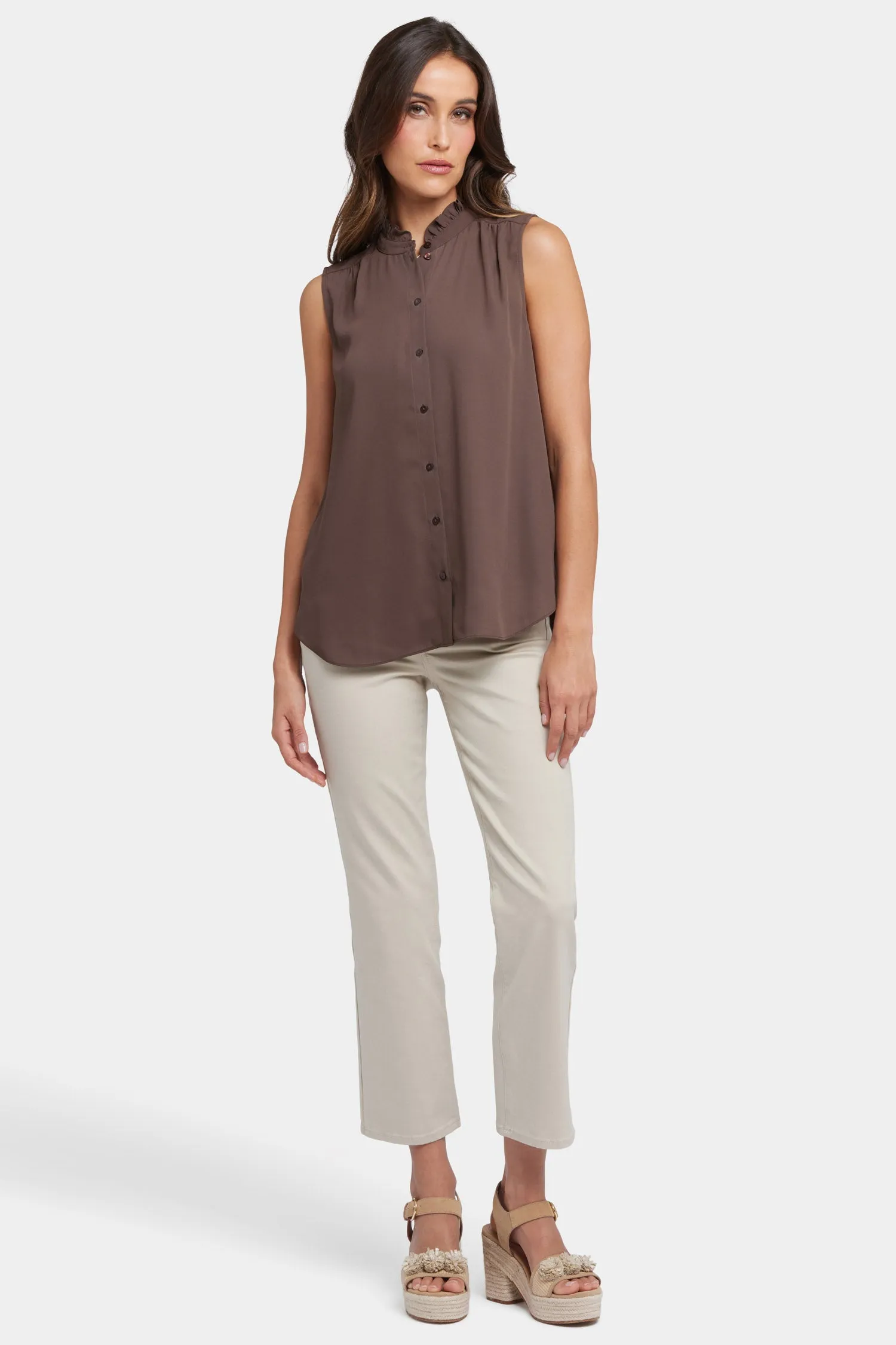 Sleeveless Ruffle Neck Blouse - Coffee Bean