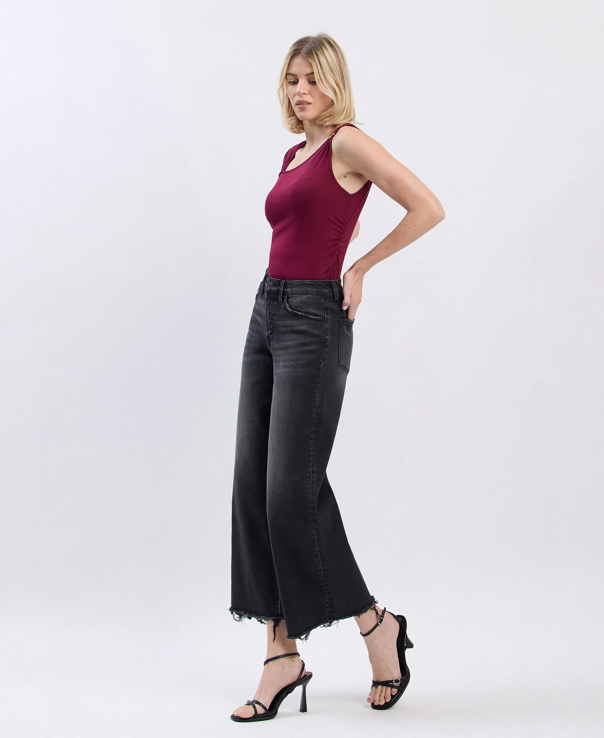 Stylized - High Rise Frayed Hem Ankle Wide Leg Jeans