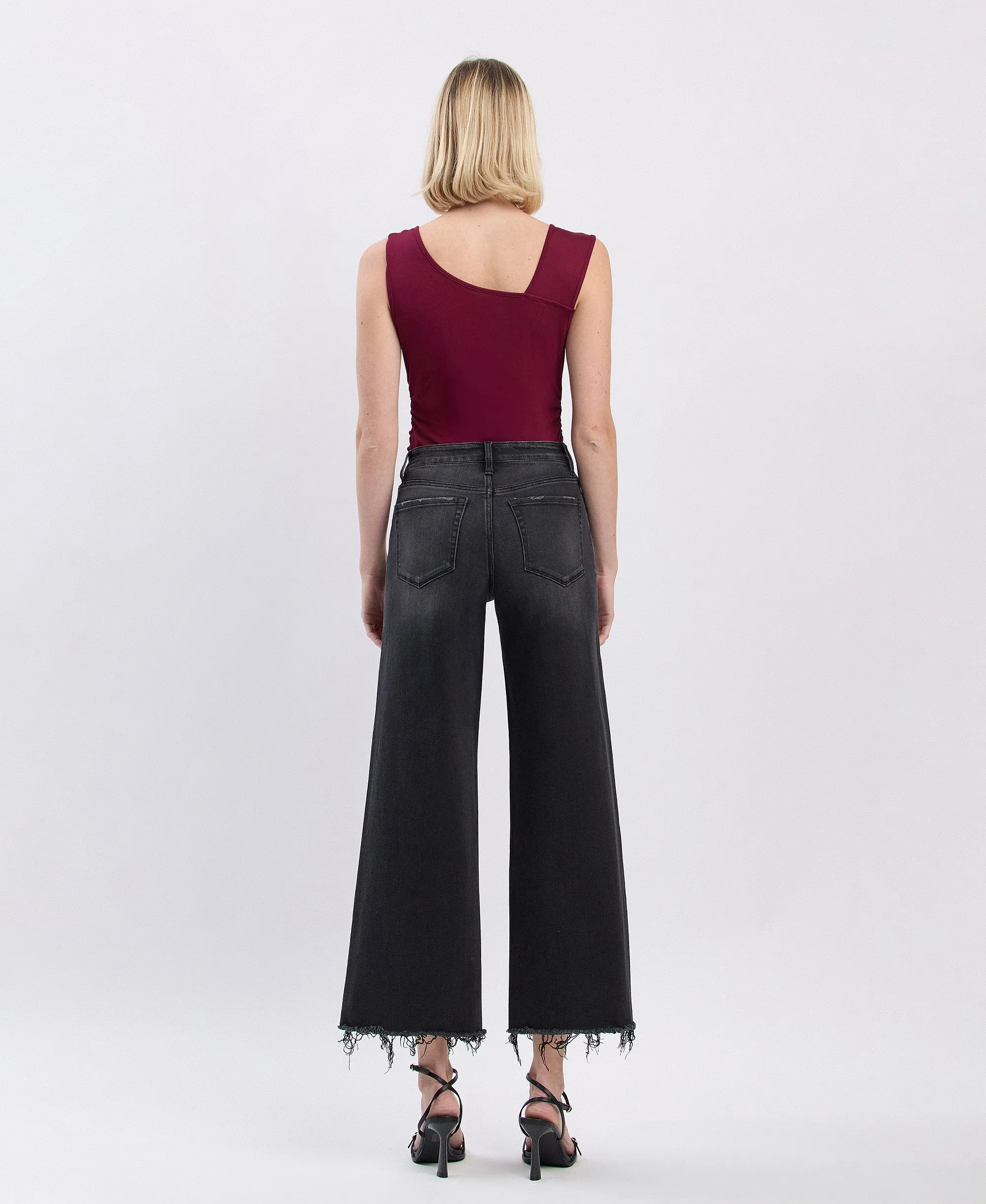 Stylized - High Rise Frayed Hem Ankle Wide Leg Jeans