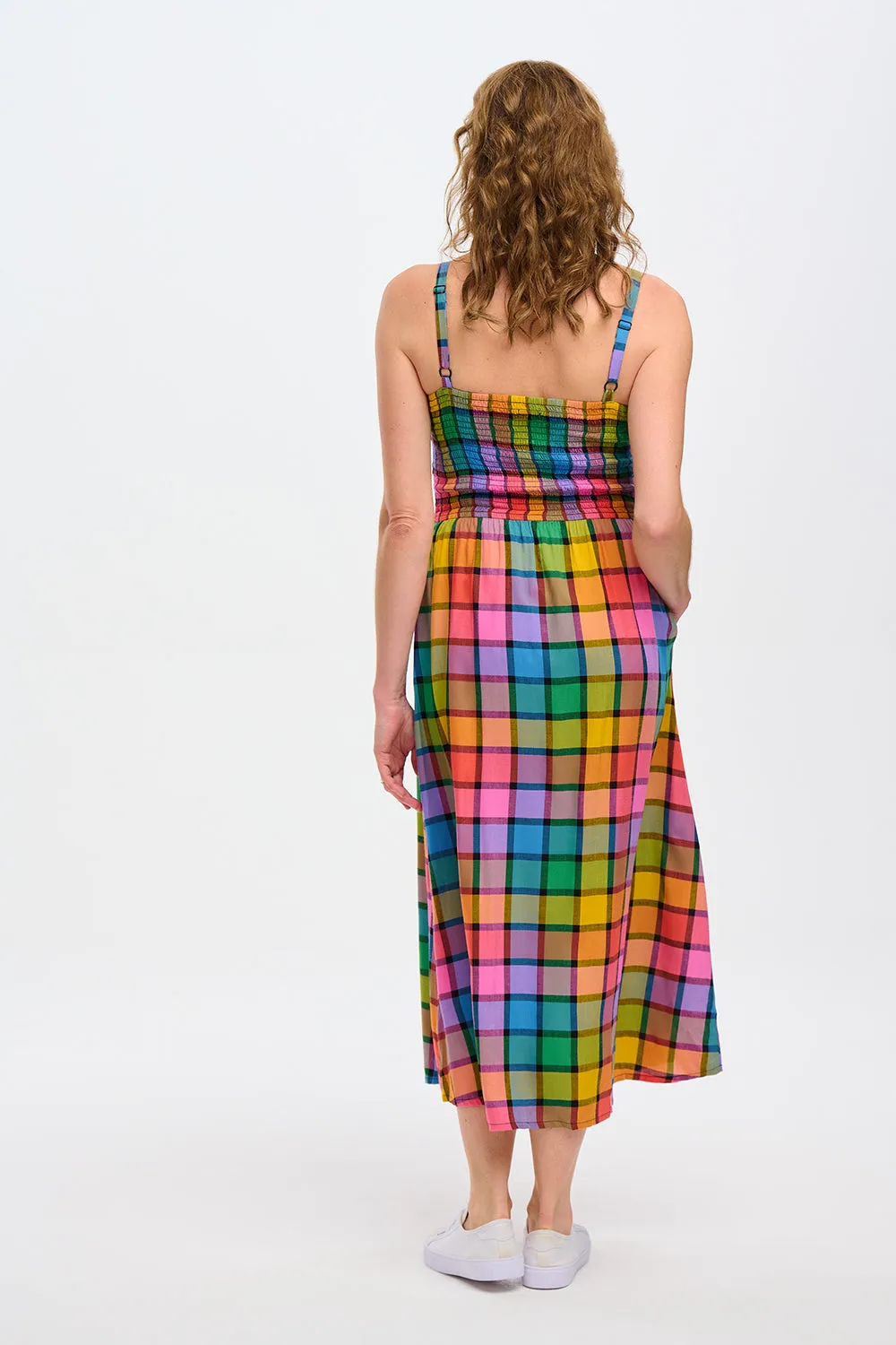 Sugarhill Denali Midi Shirred Sundress Summer Rainbow Check Multi
