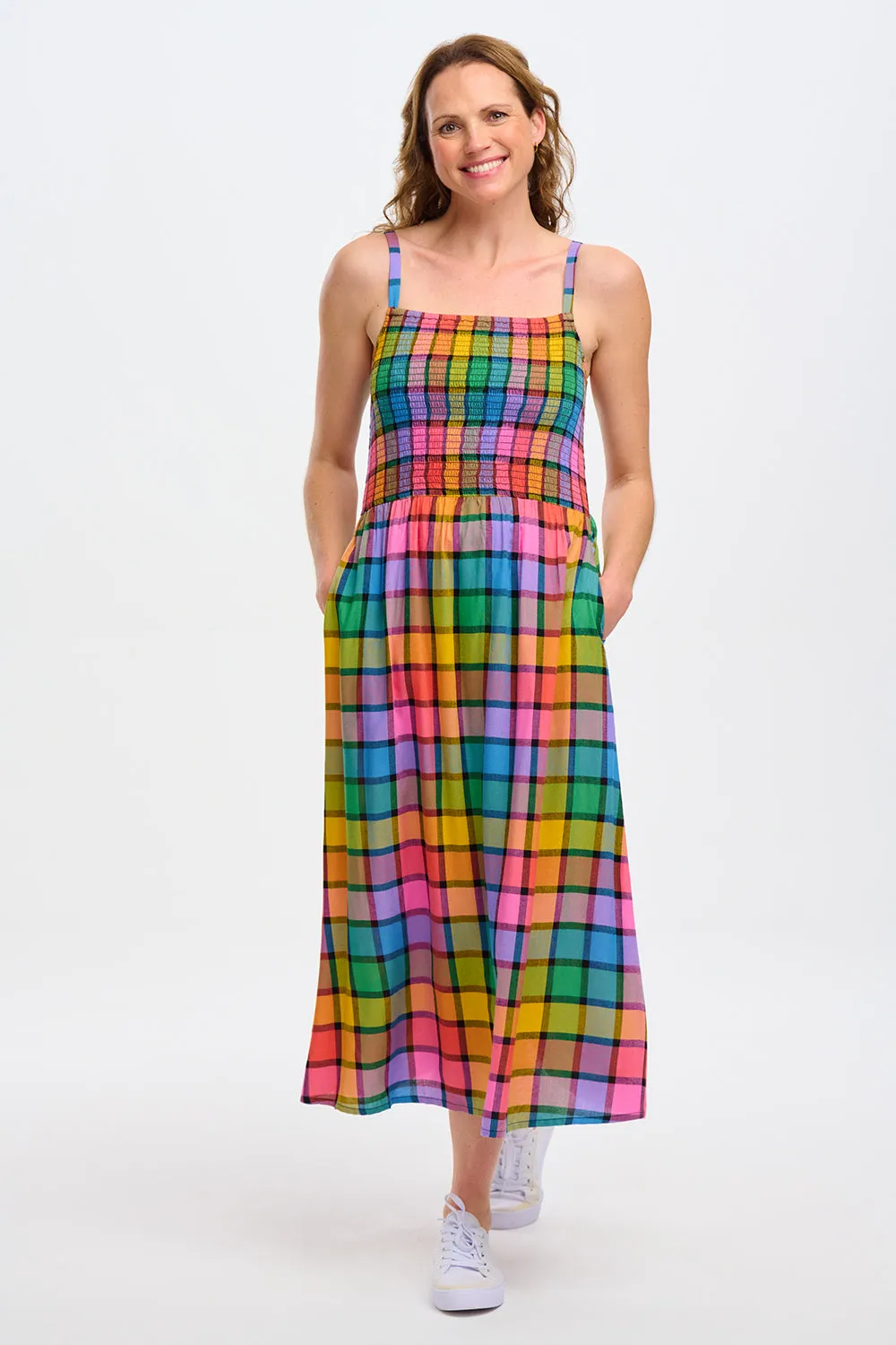 Sugarhill Denali Midi Shirred Sundress Summer Rainbow Check Multi
