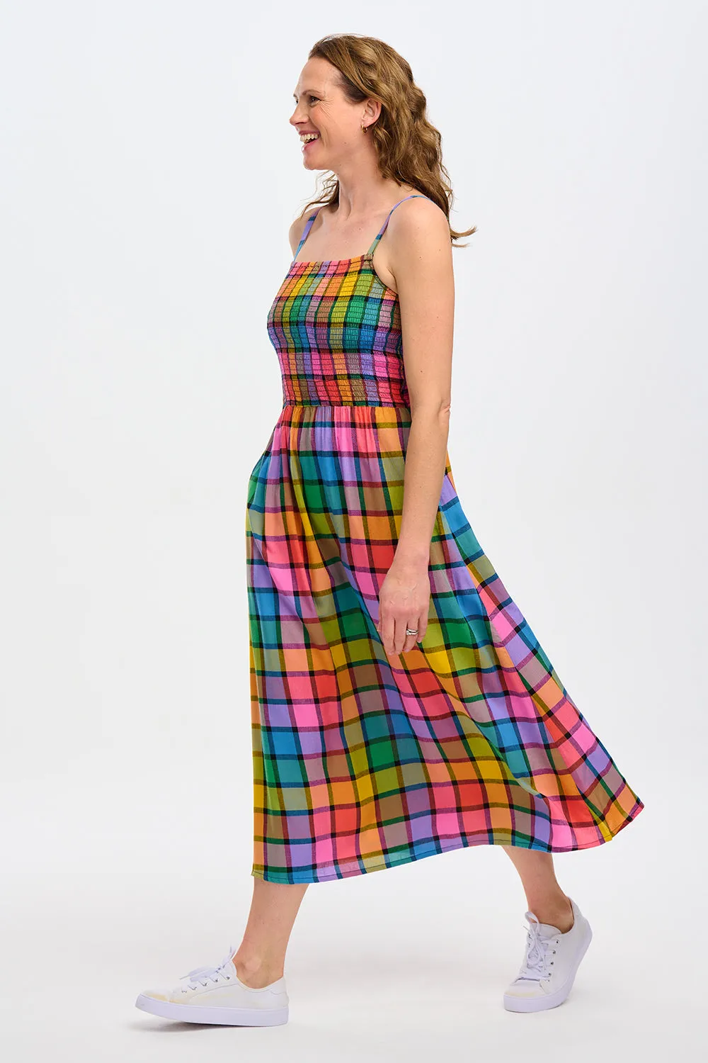 Sugarhill Denali Midi Shirred Sundress Summer Rainbow Check Multi