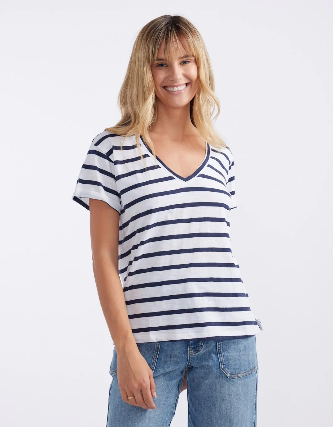 Turn Back V Neck T-Shirt - White/Navy Stripe