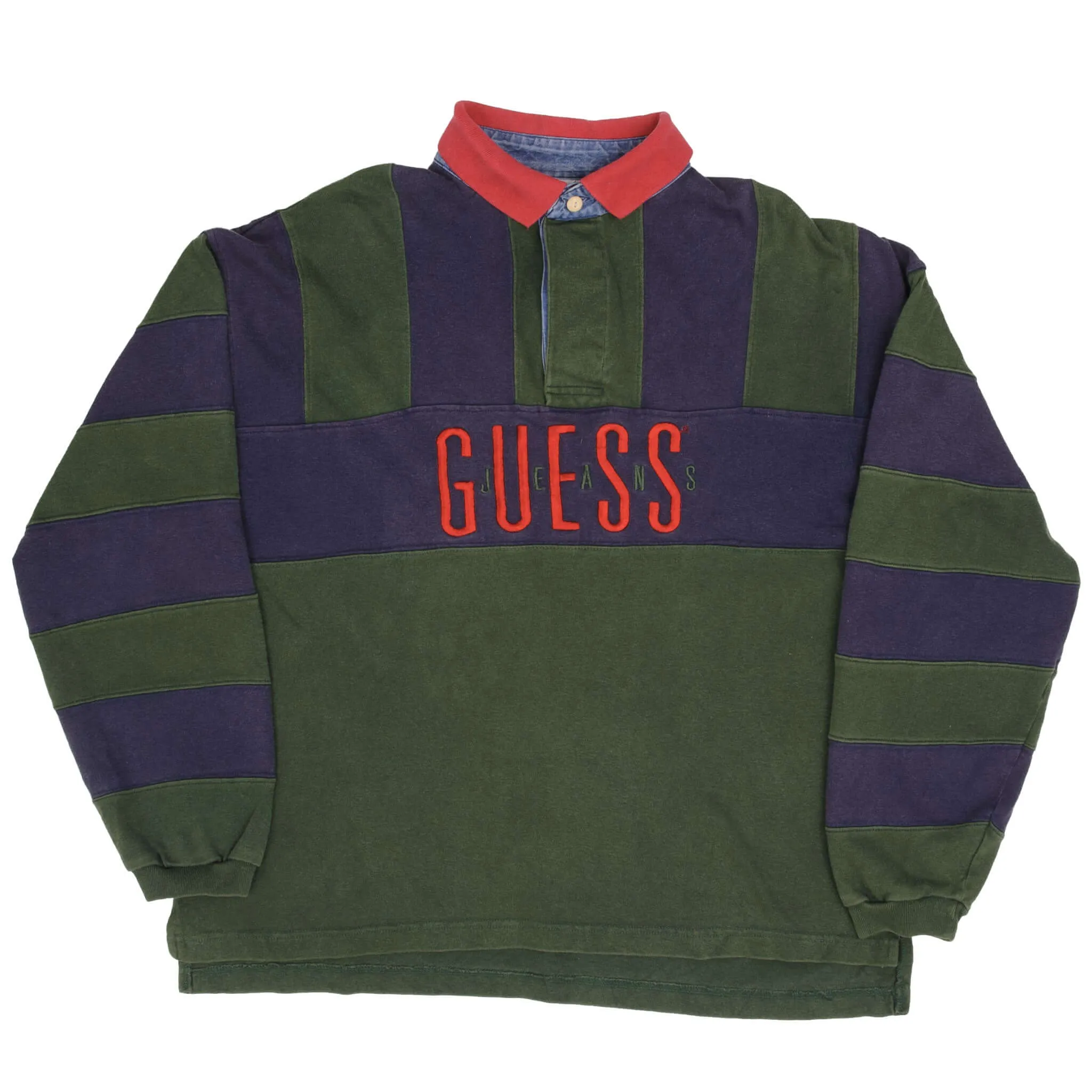 VINTAGE GUESS JEANS GREEN & BLUE RUGBY POLO SHIRT 1990S SIZE LARGE