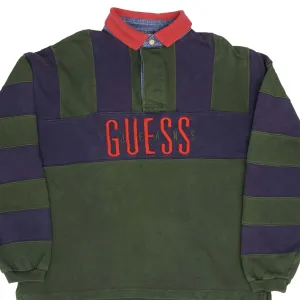 VINTAGE GUESS JEANS GREEN & BLUE RUGBY POLO SHIRT 1990S SIZE LARGE