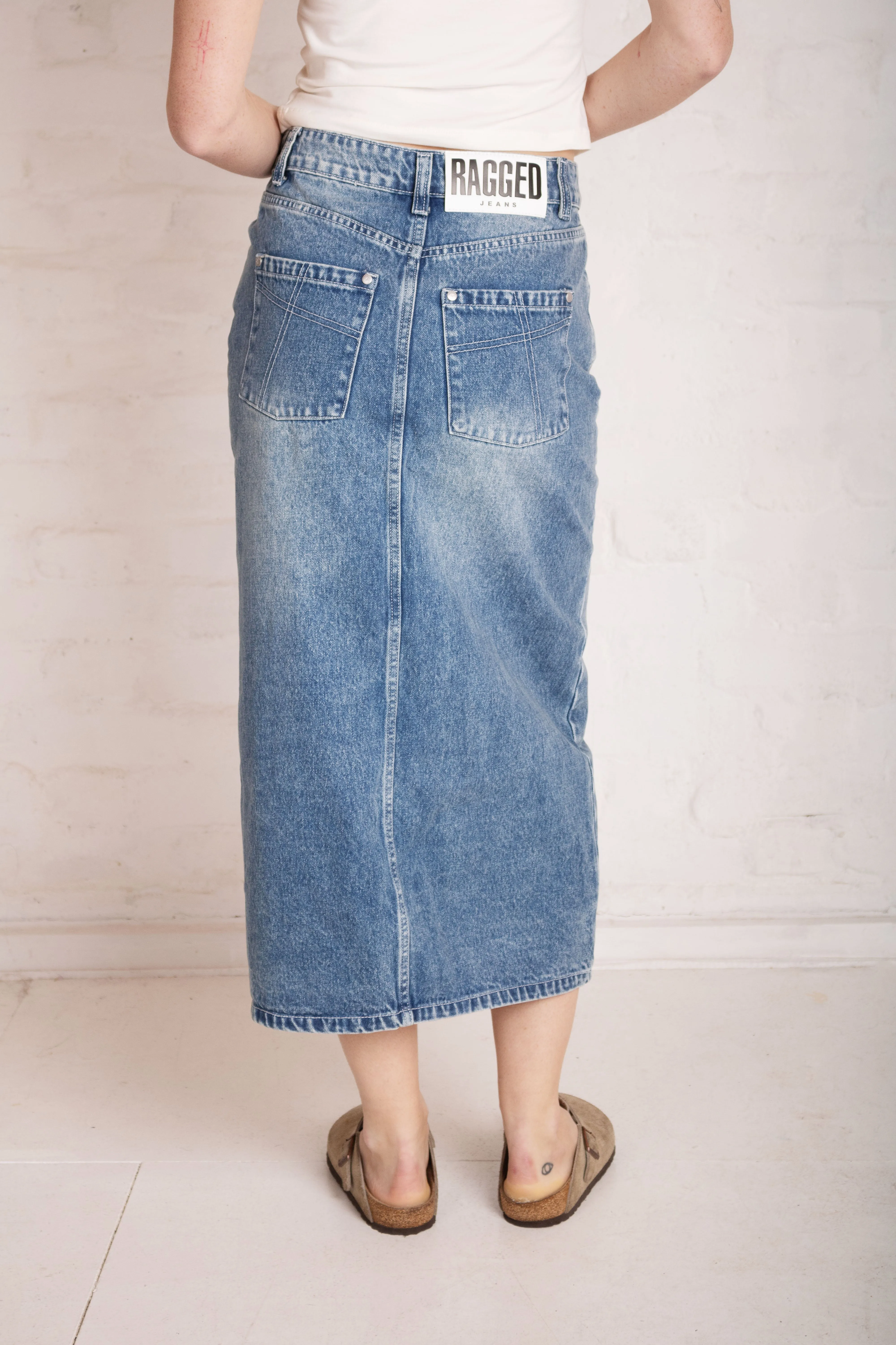 Vintage Washed Denim Midi Skirt