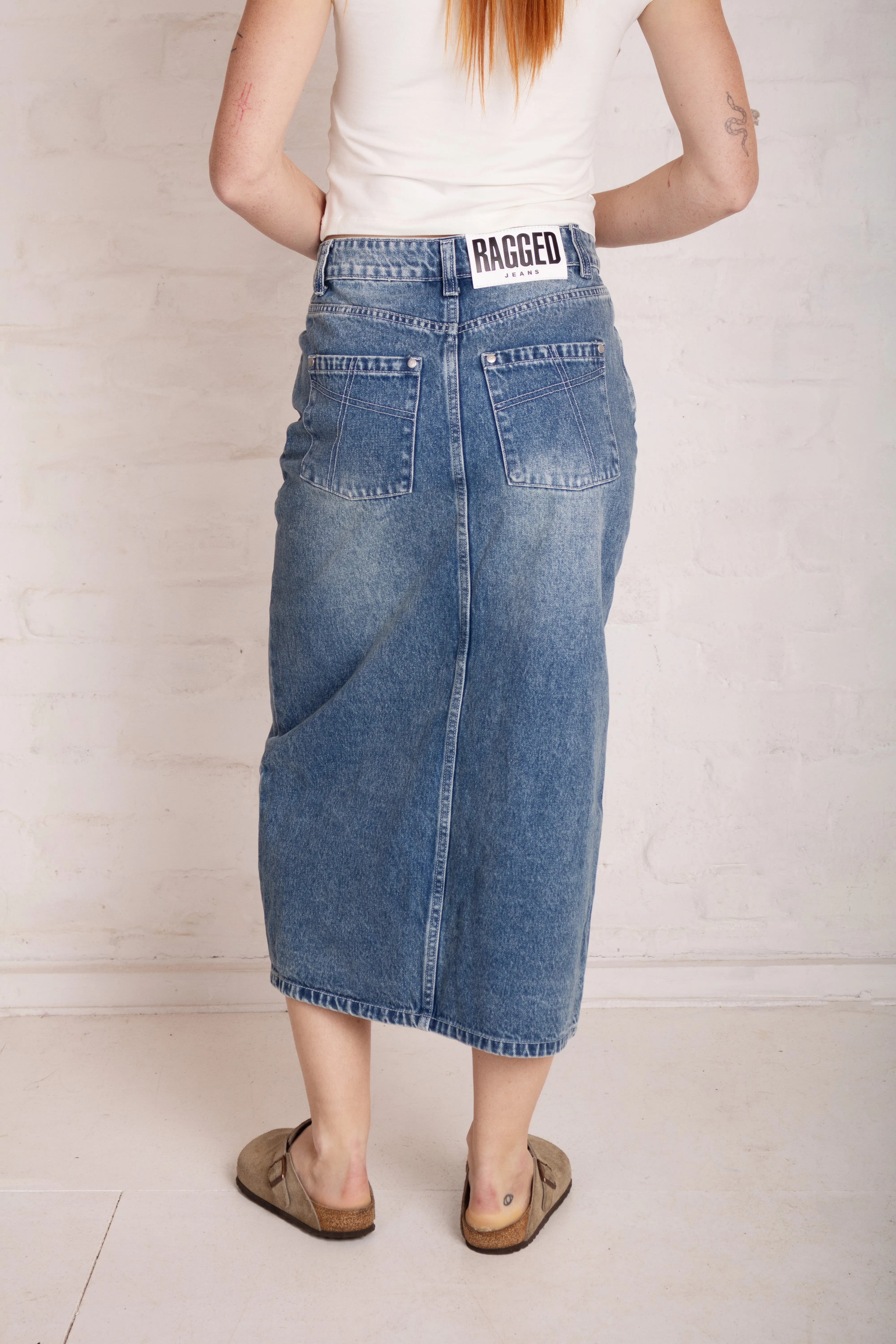 Vintage Washed Denim Midi Skirt