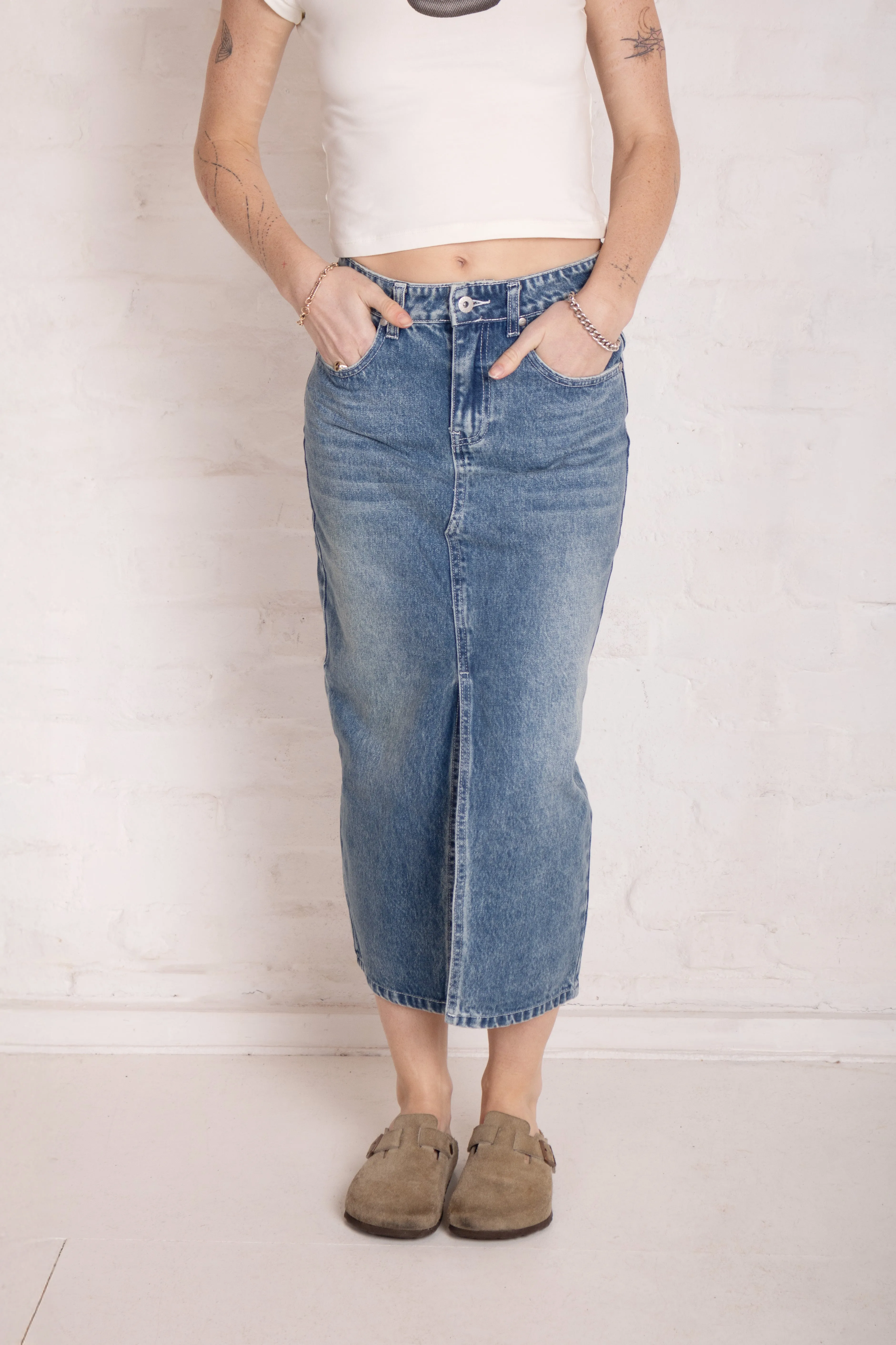 Vintage Washed Denim Midi Skirt