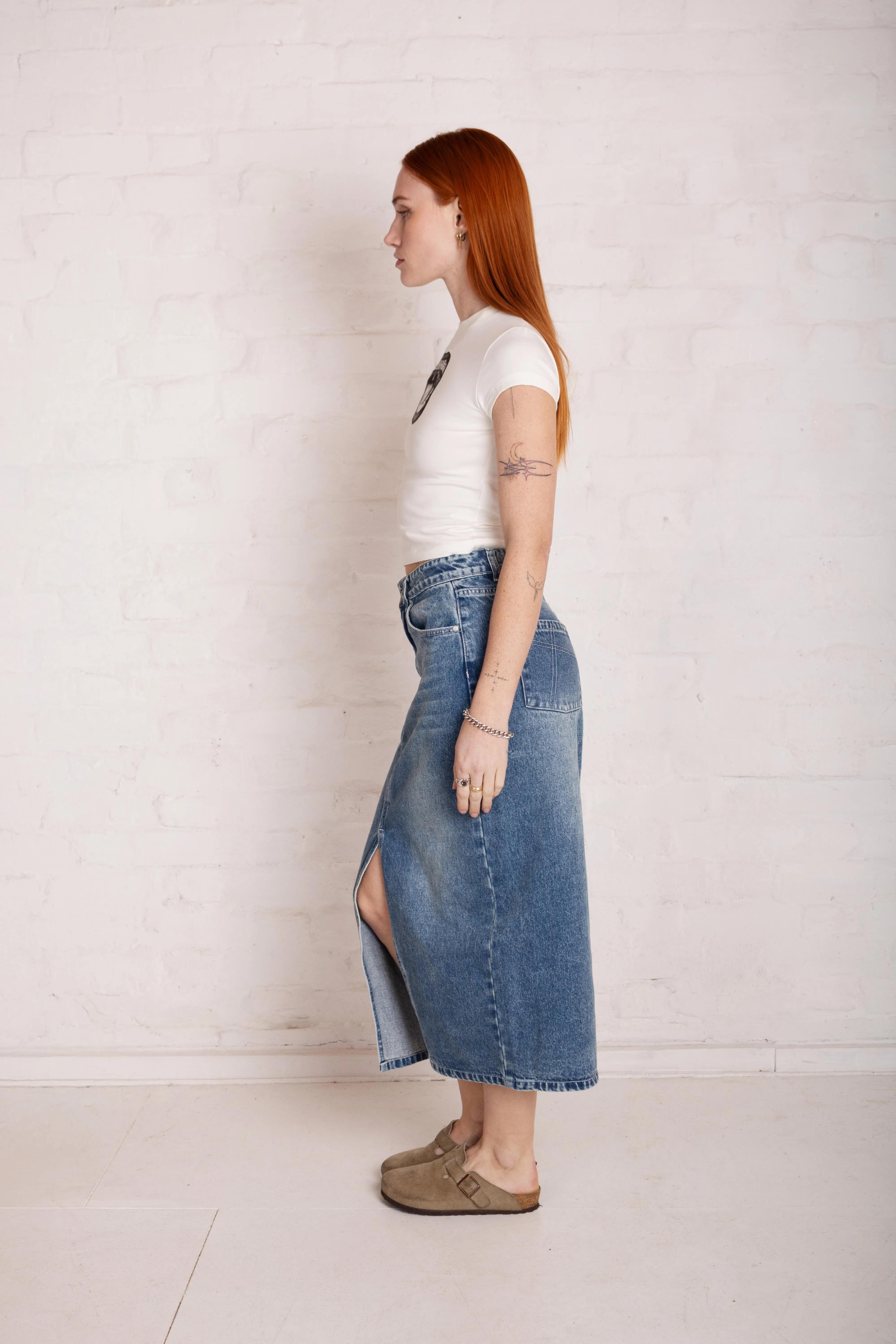 Vintage Washed Denim Midi Skirt