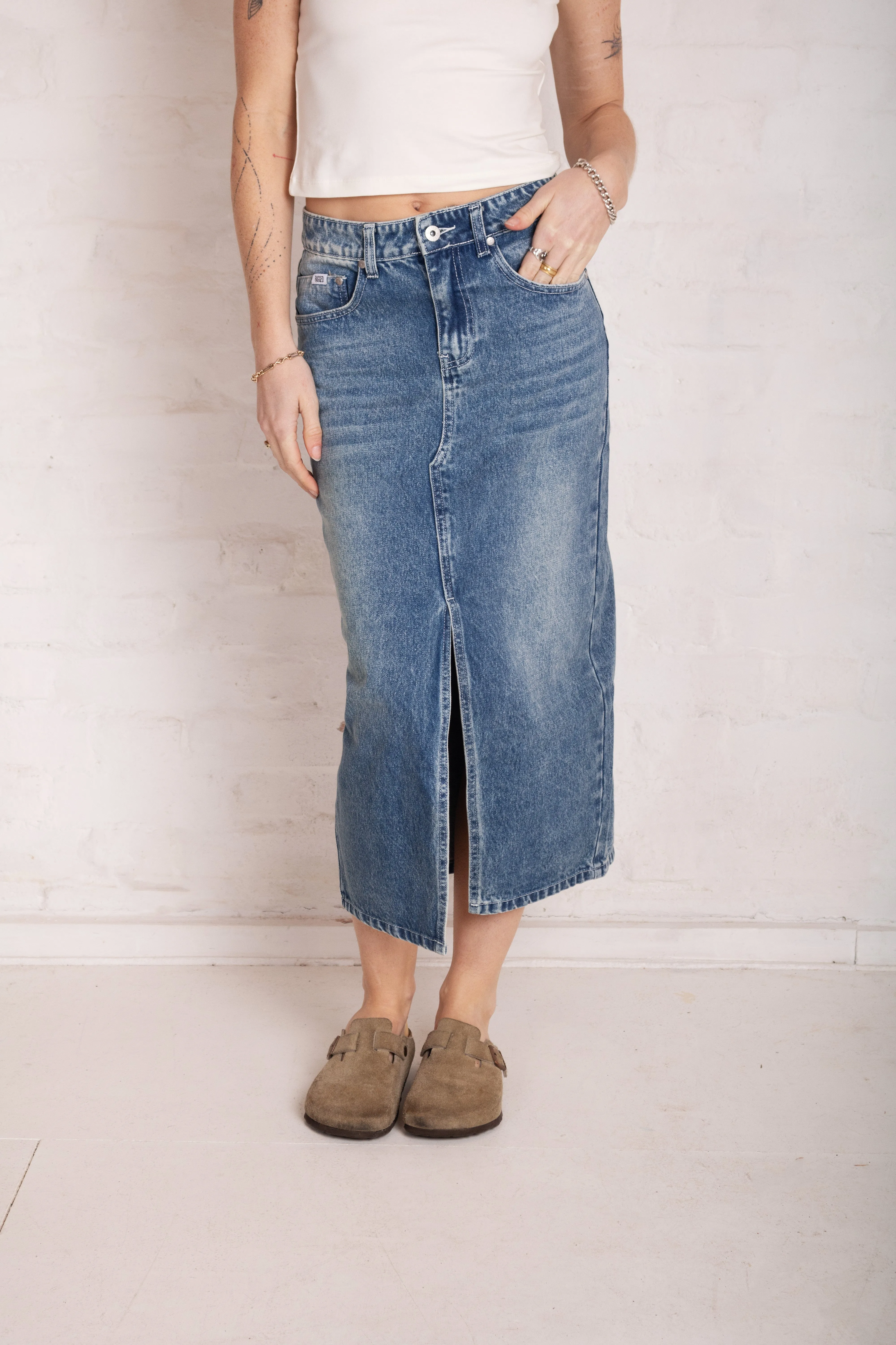Vintage Washed Denim Midi Skirt