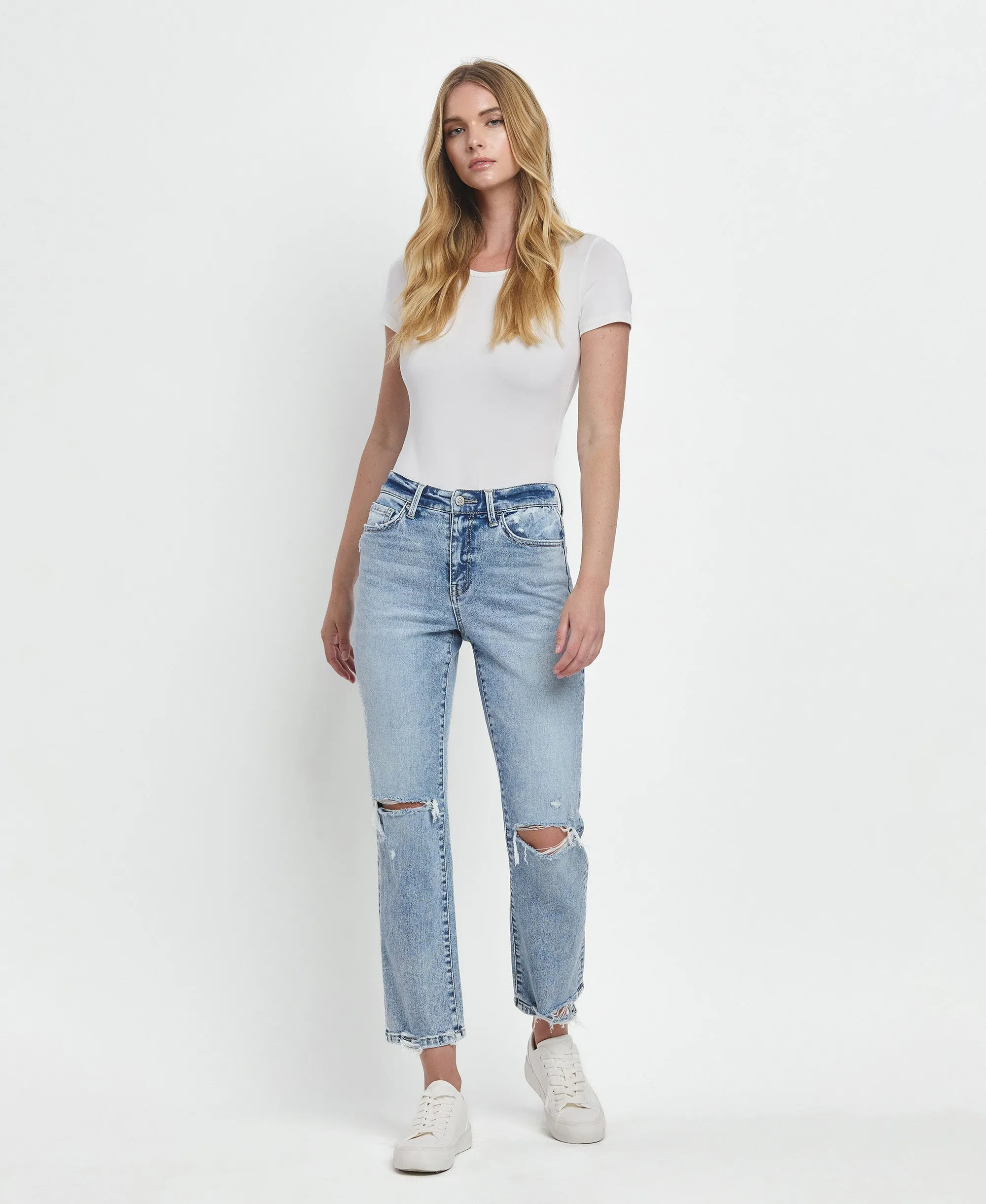 Vivid - High Rise Distressed Straight Jeans