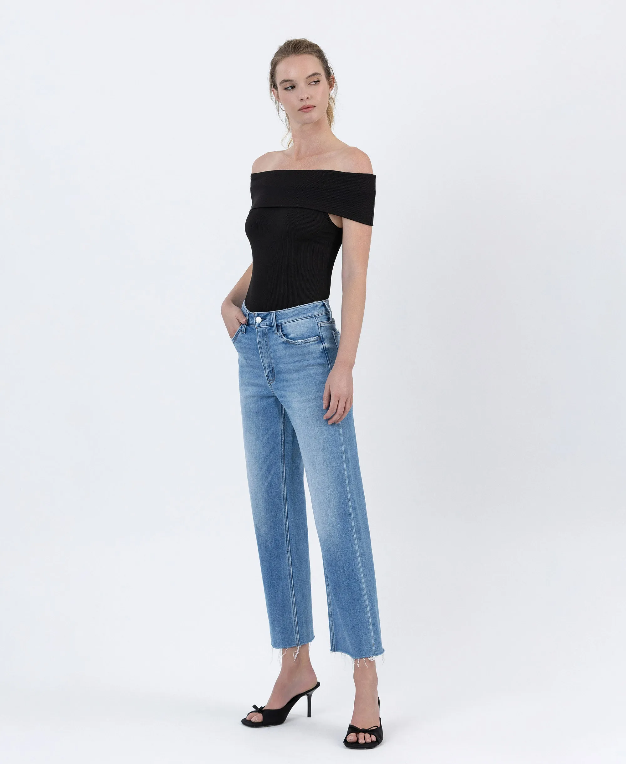 Well Balanced - High Rise Raw Hem Crop Slim Wide Leg Jeans