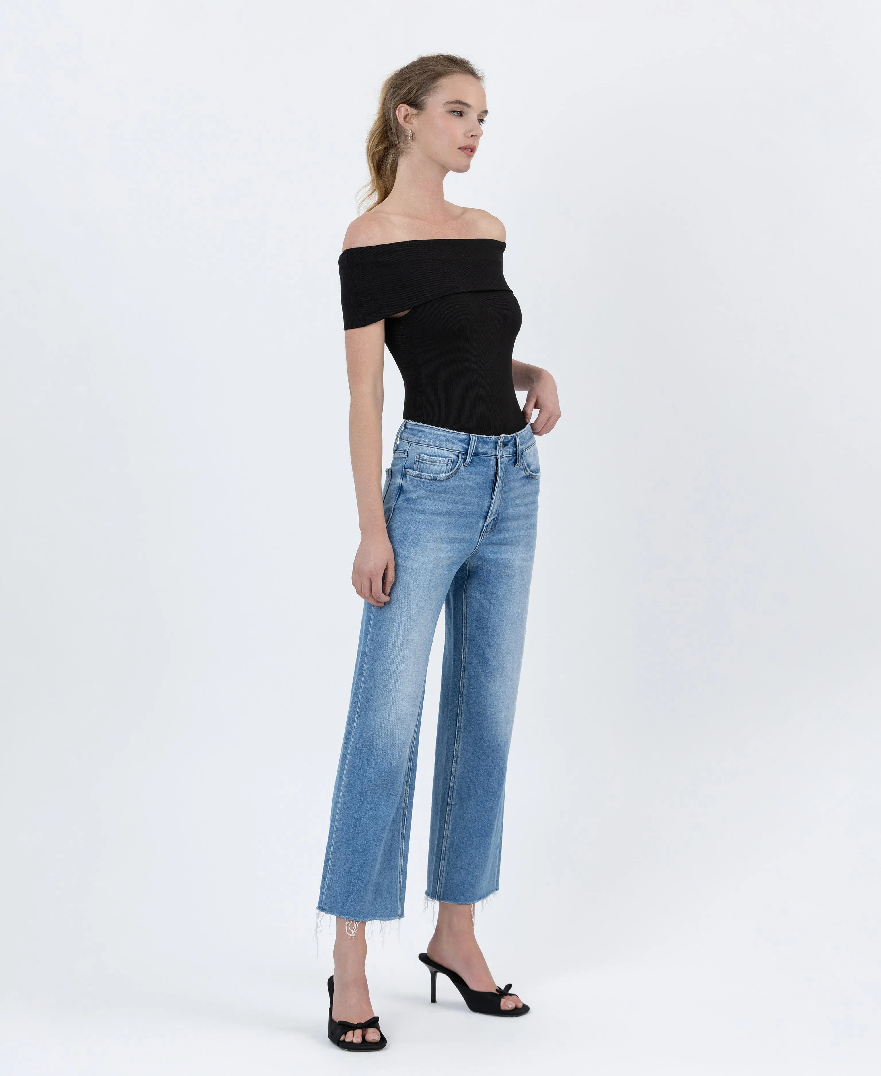 Well Balanced - High Rise Raw Hem Crop Slim Wide Leg Jeans